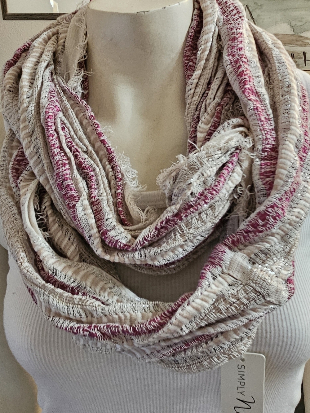 Simply Noelle Magenta and Cream Textured Infinity Scarf